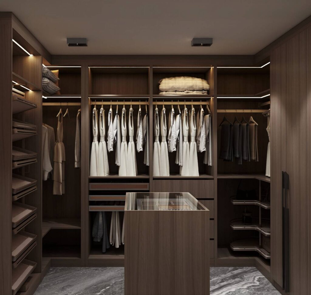 Custom closet with organized shelving and cabinetry